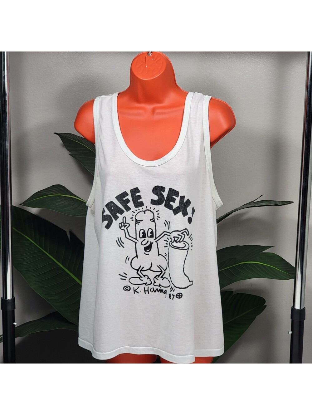 Vintage 80s Keith Haring Safe Sex Graphic White Tank Top M